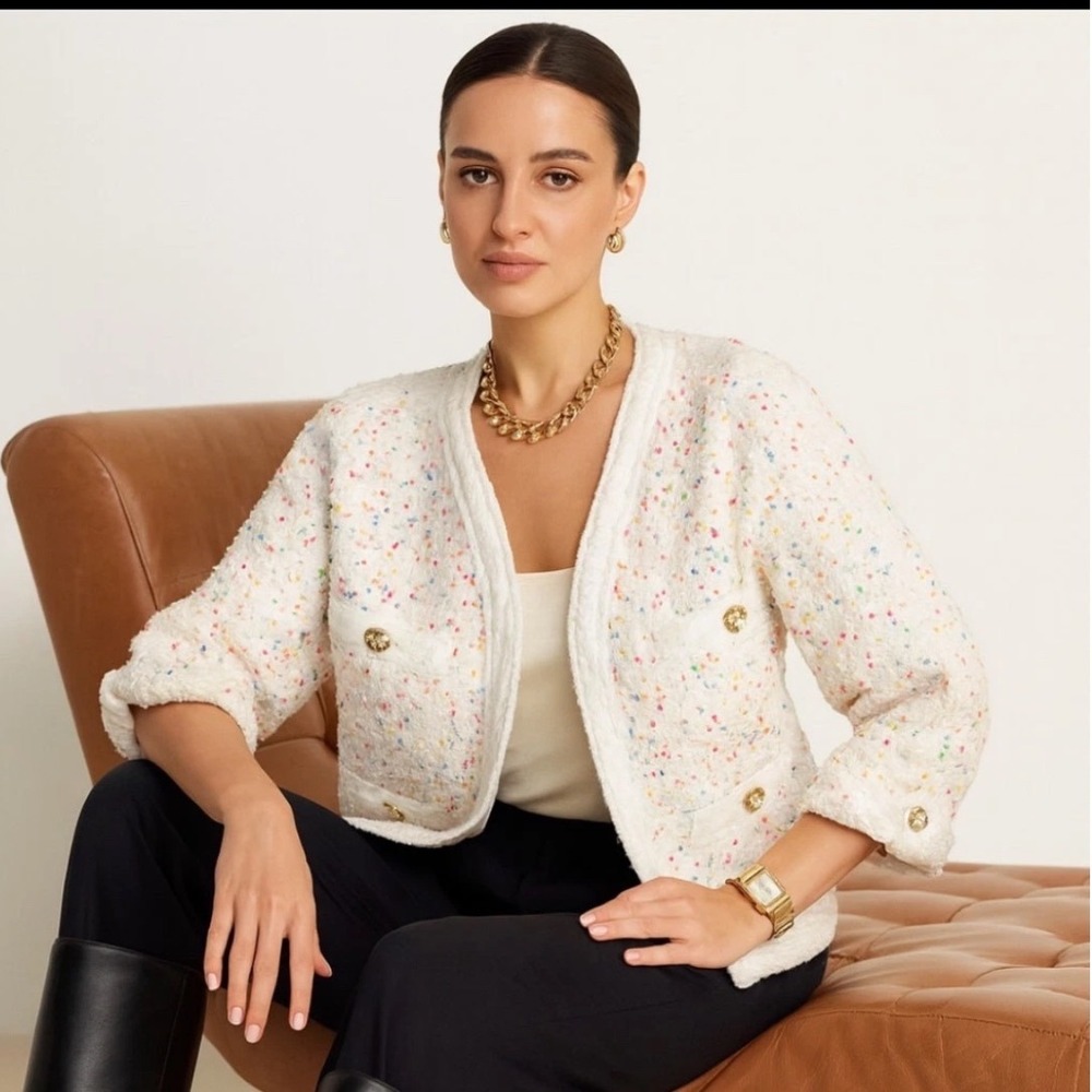 Edward Achour Paris White Multicolor Confetti Tweed Jacket Pearl Buttons FR 36